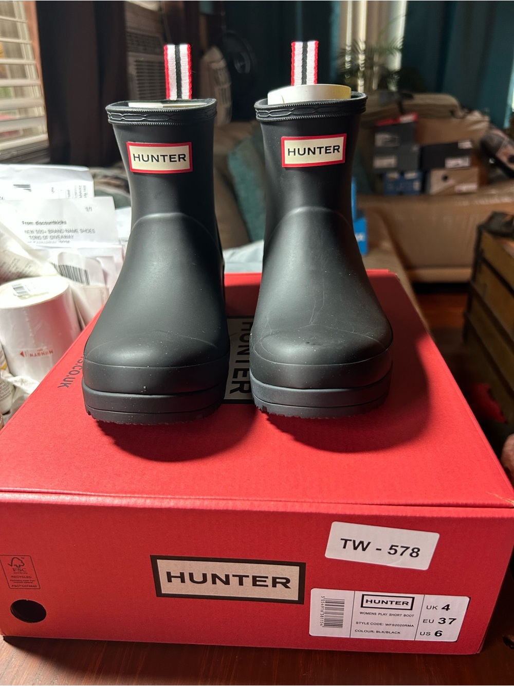 Hunter Black Short Ankle Rain Booties with Red-Trim Pull Tabs